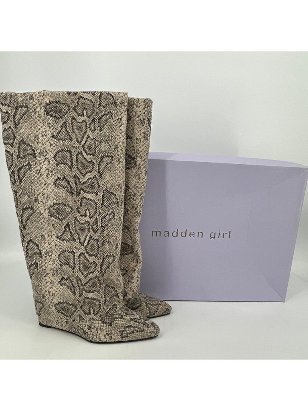 Madden Girl Evander Snake Boots Beige Size 9M Wide Calf Knee High Wedge Cuffed